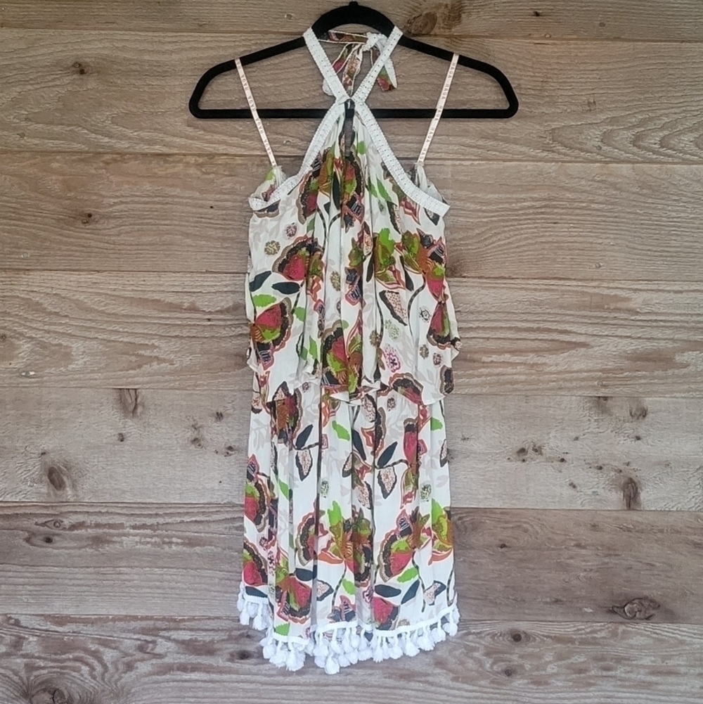 RAGA Floral Halter Dress with White Fringe Trim Size XSmall